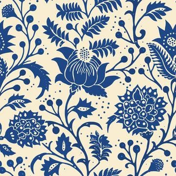 Block-printed style of a seamless indian floral pattern kalamkari muhgal art 07 Stock Illustration