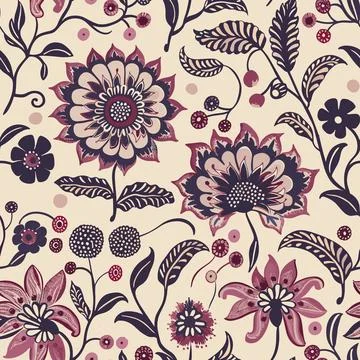 Block-printed style of a seamless indian floral pattern kalamkari muhgal art 08 Stock Illustration