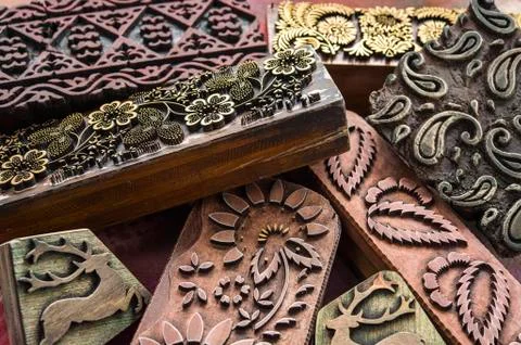 Block printing different woodblocks with patterns Bad Aussee Styria Austria Stock Photos