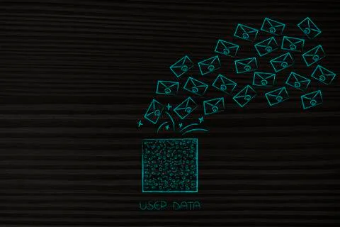 Block of user data with bunch of emails going into or out of it Illustrazione stock
