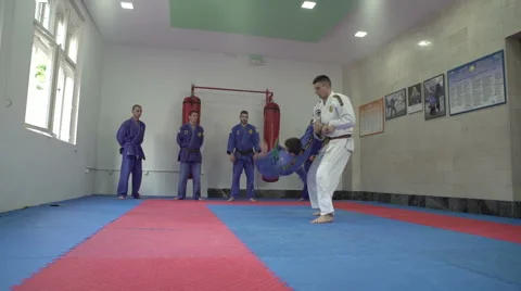 Blockades and throws,real aikido techniques by Pakito,crane shot. Stock Footage 63154180