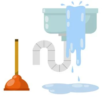 Blockage of pipe. Sink in bath and kitchen. Technical work. Broken sewer syst Stock Illustration