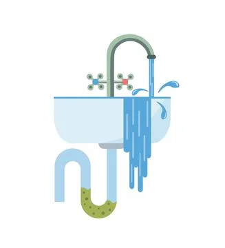 Blockage of pipe. Water flows from the sink. Sink in the bathroom or kitchen. Stock Illustration