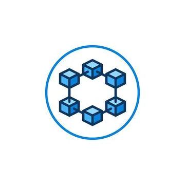 Blockchain with 6 Blocks in circle vector blue icon. Block Chain round sign 스톡 일러스트