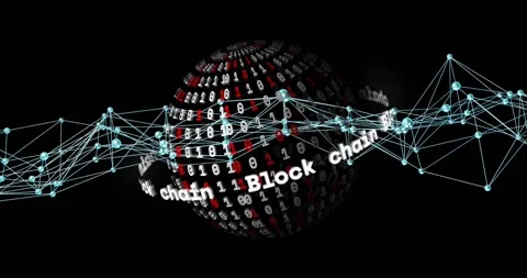 Blockchain and binary code animation over rotating globe with network Stock Footage 326427314