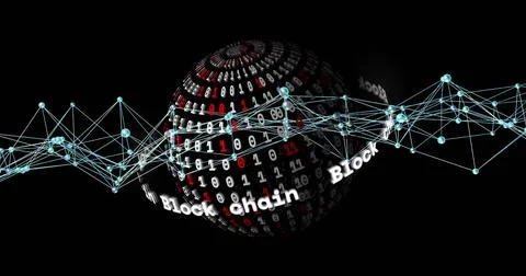 Blockchain and binary code image over rotating globe with network connections Stock Illustration
