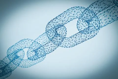 Blockchain And Connectivity Concept. Abstract Wireframe Chain Links. 3d Ren.. Stock Illustration
