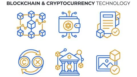 Blockchain and cryptocurrency financial technology line icons with blockchain Stock Illustration