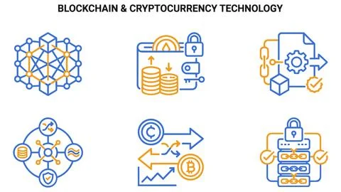 Blockchain and cryptocurrency technology concept outline icon set with curren Stock Illustration