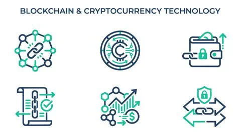 Blockchain and cryptocurrency technology digital finance icons with blockchai Stock Illustration