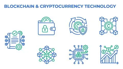 Blockchain and cryptocurrency technology icon set with blockchain, cryptocu.. Stock Illustration