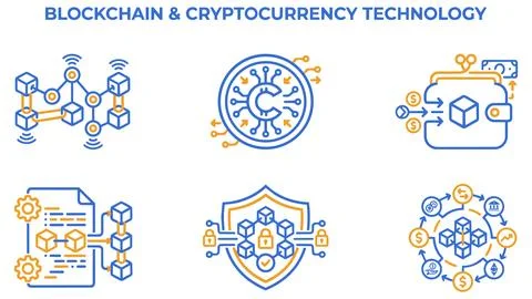 Blockchain and cryptocurrency technology line art icons with blockchain Stock Illustration