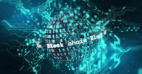 Blockchain and data processing image over digital circuit board background Stock Photos