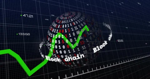 Blockchain and data visualization animation over 3D globe with binary code Video stock 305017027