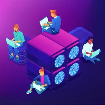 Blockchain and mining isometric concept. Illustrazione stock