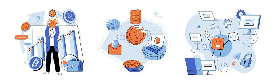 Blockchain. Banking institutions are exploring potential blockchain to Illustrazione stock