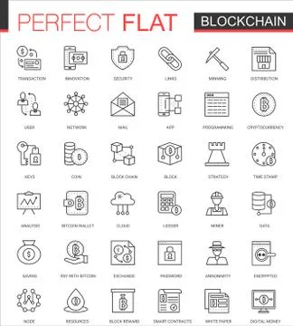 Blockchain, bitcoin cryptocurrency thin line web icons set. Outline stroke icon Stock Illustration