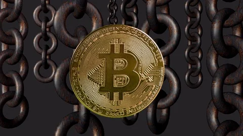Blockchain, bitcoin in front of chains turning animation, loop Stock Footage 87479658