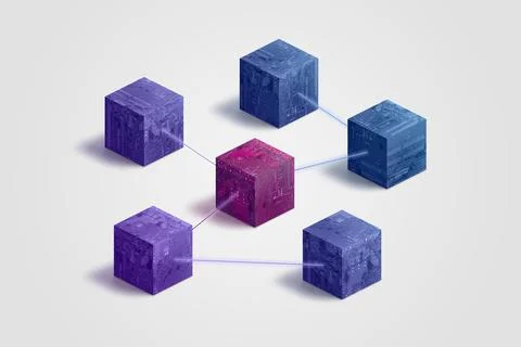Blockchain blocks with nodes network concept. Connection and communication be Stock Photos