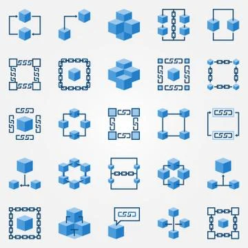 Blockchain blue icons set - vector block chain symbols 스톡 일러스트