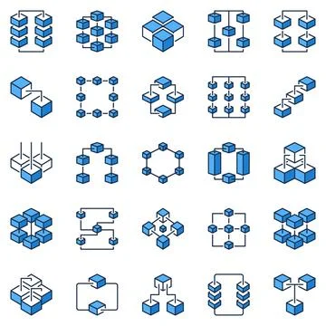 Blockchain blue icons set - vector Crypto Block Chain Technology signs 库存插图
