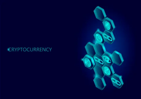 Blockchain blue isometric composition. Flat glowing hexagon sign safety shield Stock-Illustration