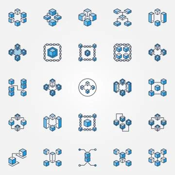 Blockchain blue vector icons set. Block chain technology signs Stock Illustration