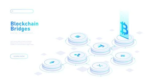 Blockchain bridges white poster vector Stock Illustration