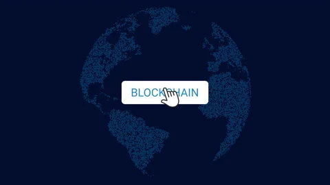 Blockchain Button Press by Hand Cursor with Digital Globe Background Stock Footage 156846413