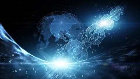 Blockchain chain mining with digital earth globe rotation Stock Footage 339711394