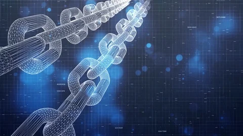 Blockchain chains rotation on digital network background Stock Footage 122404147