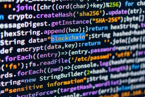 Blockchain. Close-up image of C code highlighting BLOCKCHAIN, likely in an .. Foto stock
