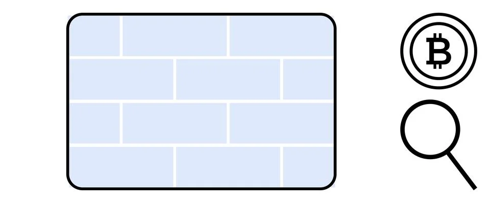 Blockchain concept with brick wall, magnifying glass, and Bitcoin logo for Stock Illustration