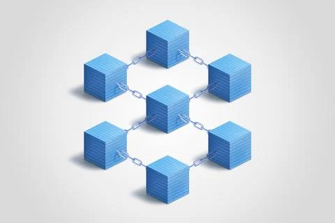 Blockchain concept with connected cubes with chain and binary code 스톡 사진