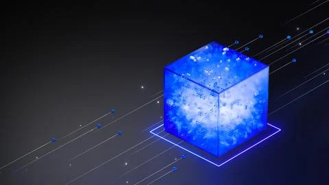 Blockchain concept. Cryptocurrency connected cube blocks. Big data Ai chain.. Stock Illustration