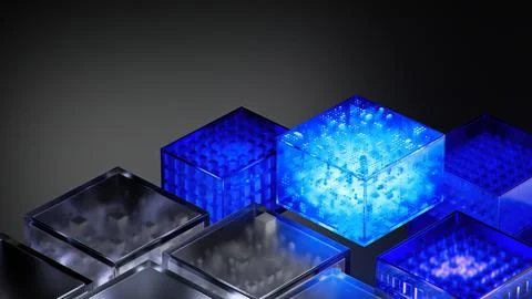 Blockchain concept. Cryptocurrency connected cube blocks. Big data Ai chain.. Stock Illustration