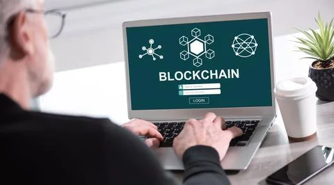 Blockchain concept on a laptop screen Stock-Fotos