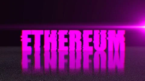 Blockchain concept, stylish ethereum text on surface with reflection, 3d Stock Illustration