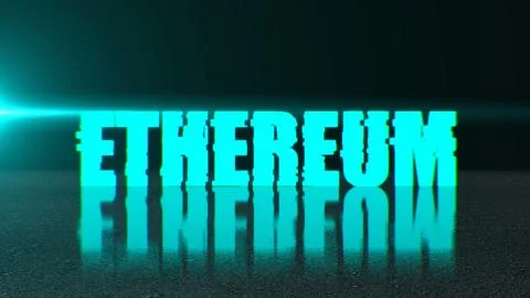 Blockchain concept, stylish ethereum text on surface with reflection, 3d Stock Illustration