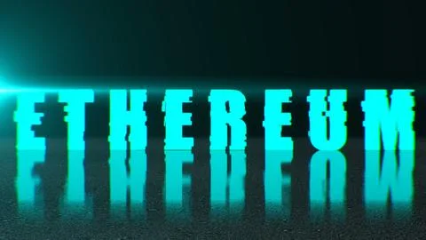 Blockchain concept, stylish ethereum text on surface with reflection, 3d Illustrazione stock