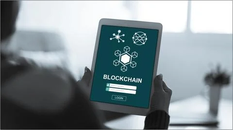 Blockchain concept on a tablet Stock Photos