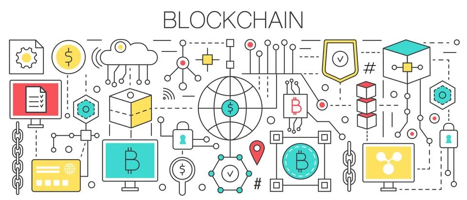 Blockchain concept template flat line vector design. Banking finance payment Stock Illustration