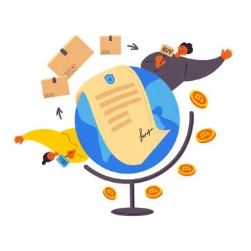 Blockchain contract between people around world Stock Illustration