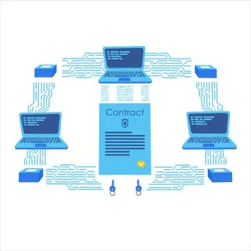 Blockchain contract in the laptop Stock Illustration