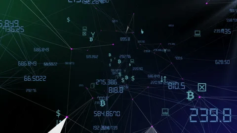 Blockchain counts numbers and shows various icons. Seamless loop.Bit Coin BTC Stock Footage 97306195