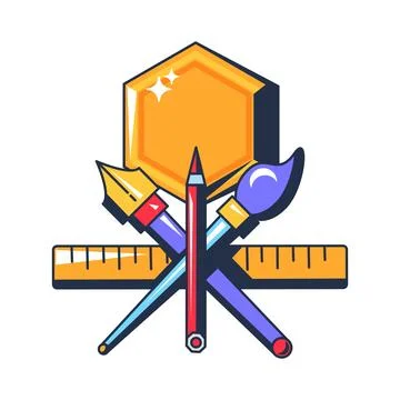 Blockchain creativity icon with digital shield, ruler, brush, pencil, and design Stock Illustration