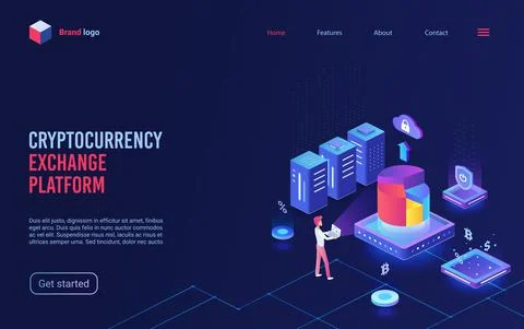 Blockchain crypto currency, cryptocurrency exchange platform isometric landing Stock Illustration