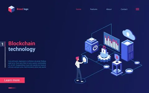Blockchain crypto technology isometric landing page, cryptocurrency bitcoin Stock Illustration