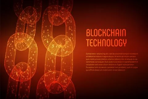 Blockchain. Cryptocurrency. Block chain concept. 3D wireframe chain with digi Stock Illustration