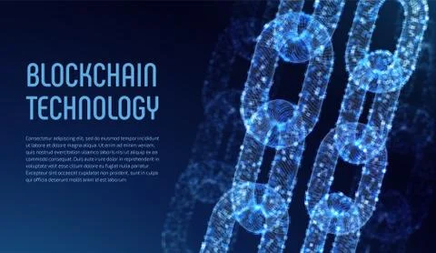 Blockchain. Cryptocurrency. Block chain concept. 3D wireframe chain with digi Stock Illustration